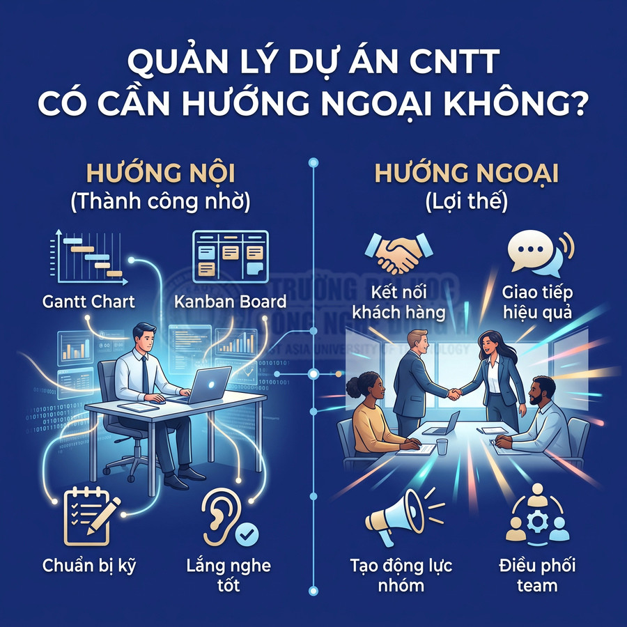 Infographic so sánh kỹ năng hướng nội và hướng ngoại trong quản lý dự án CNTT, nhấn mạnh giao tiếp và làm việc nhóm