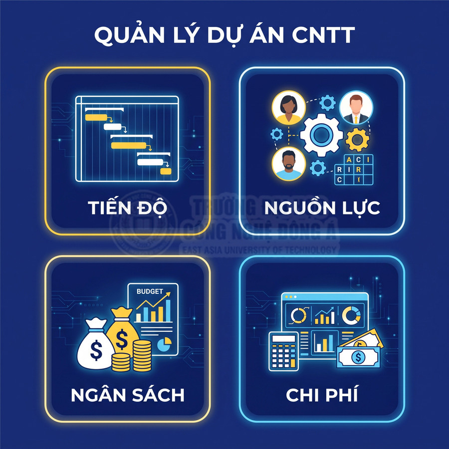 Minh họa quản lý dự án CNTT với các yếu tố tiến độ, nguồn lực, ngân sách và chi phí