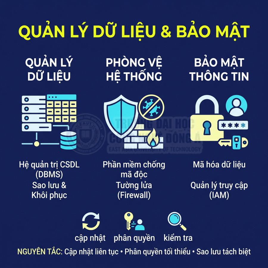 Quản lý dữ liệu và bảo mật hệ thống với sao lưu, tường lửa, mã hóa và phân quyền truy cập