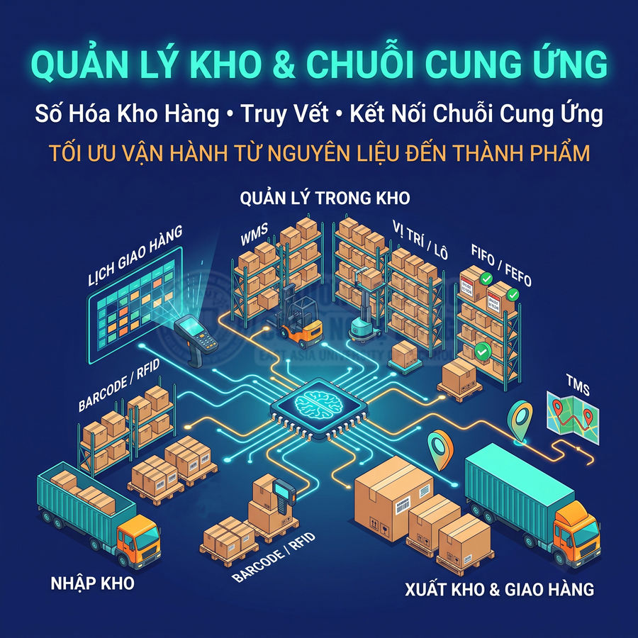 Minh họa hệ thống quản lý kho và chuỗi cung ứng với kệ hàng, mã vạch RFID, xe nâng và xe tải giao hàng