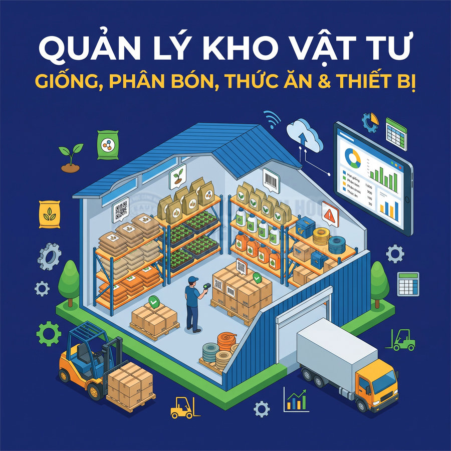Kho vật tư nông nghiệp với kệ chứa giống, phân bón, thức ăn và thiết bị, quản lý bằng phần mềm kho hàng