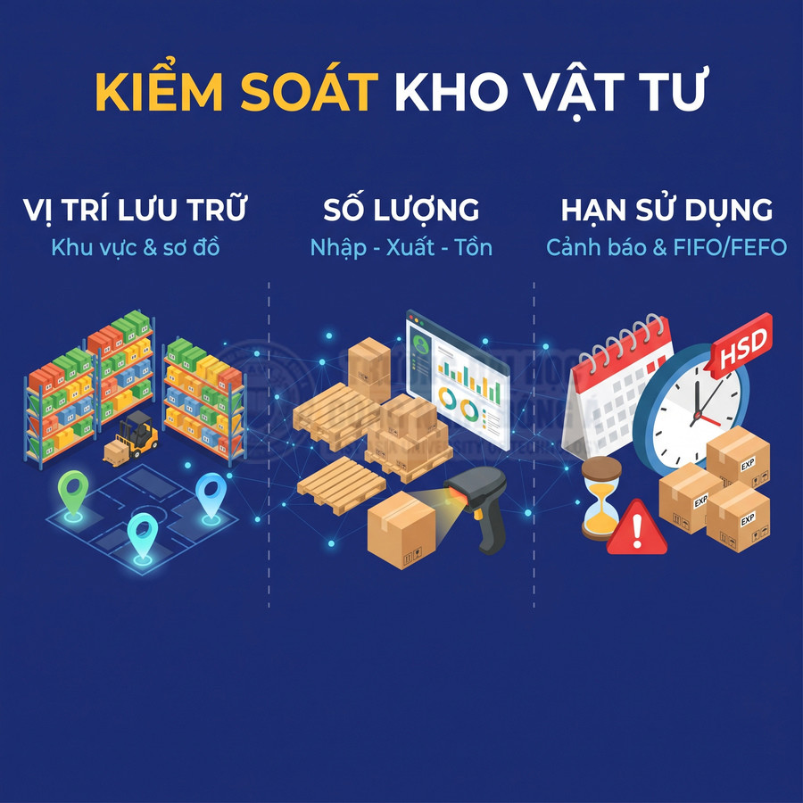 Minh họa quản lý kho vật tư với sơ đồ lưu trữ, theo dõi nhập xuất tồn và cảnh báo hạn sử dụng FIFO FEFO