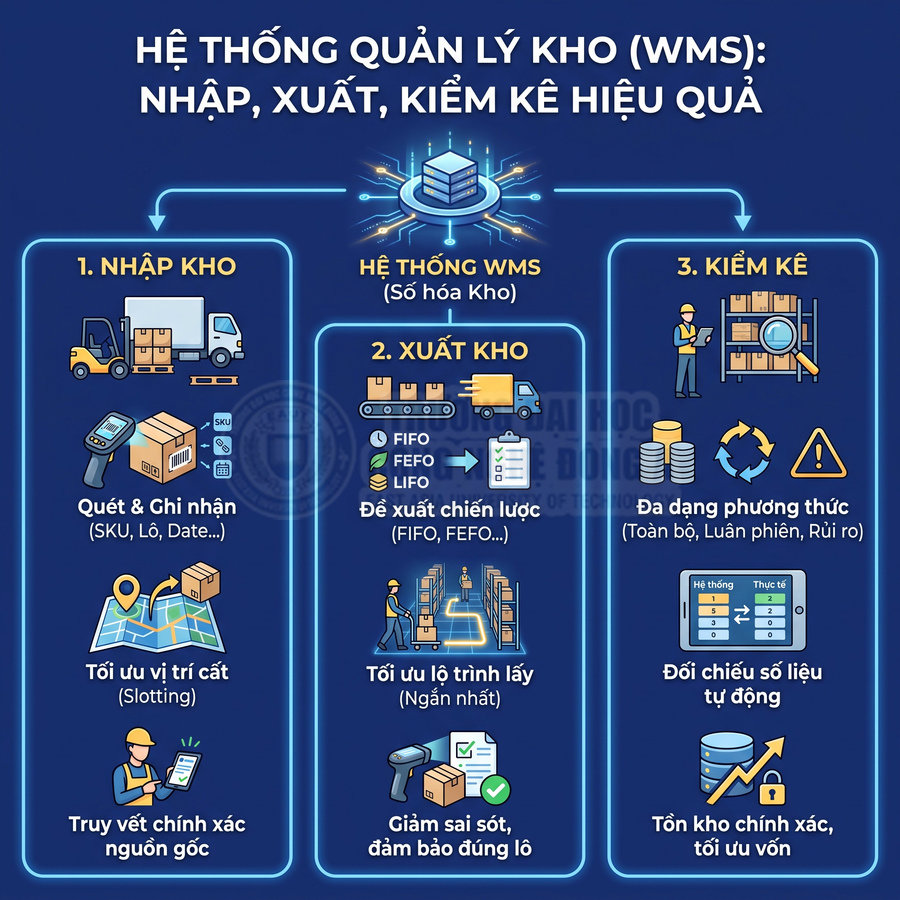 Hệ thống quản lý kho WMS minh họa quy trình nhập kho, xuất kho và kiểm kê hàng hóa hiệu quả