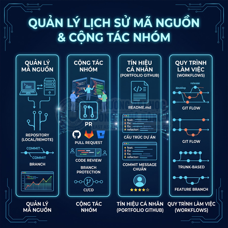 Infographic quy trình quản lý lịch sử mã nguồn Git, cộng tác nhóm, portfolio GitHub và workflow phát triển phần mềm