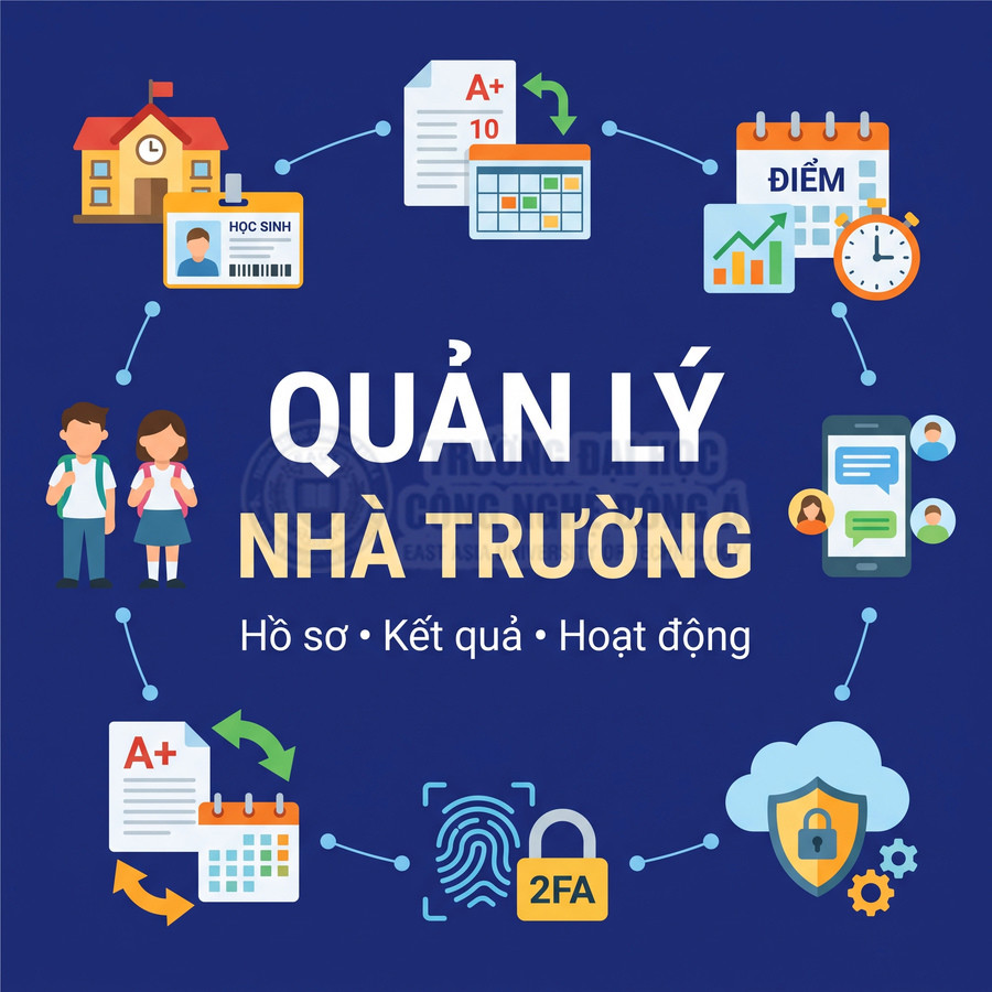 Minh họa quản lý nhà trường với hồ sơ học sinh, kết quả học tập, hoạt động và bảo mật tài khoản.