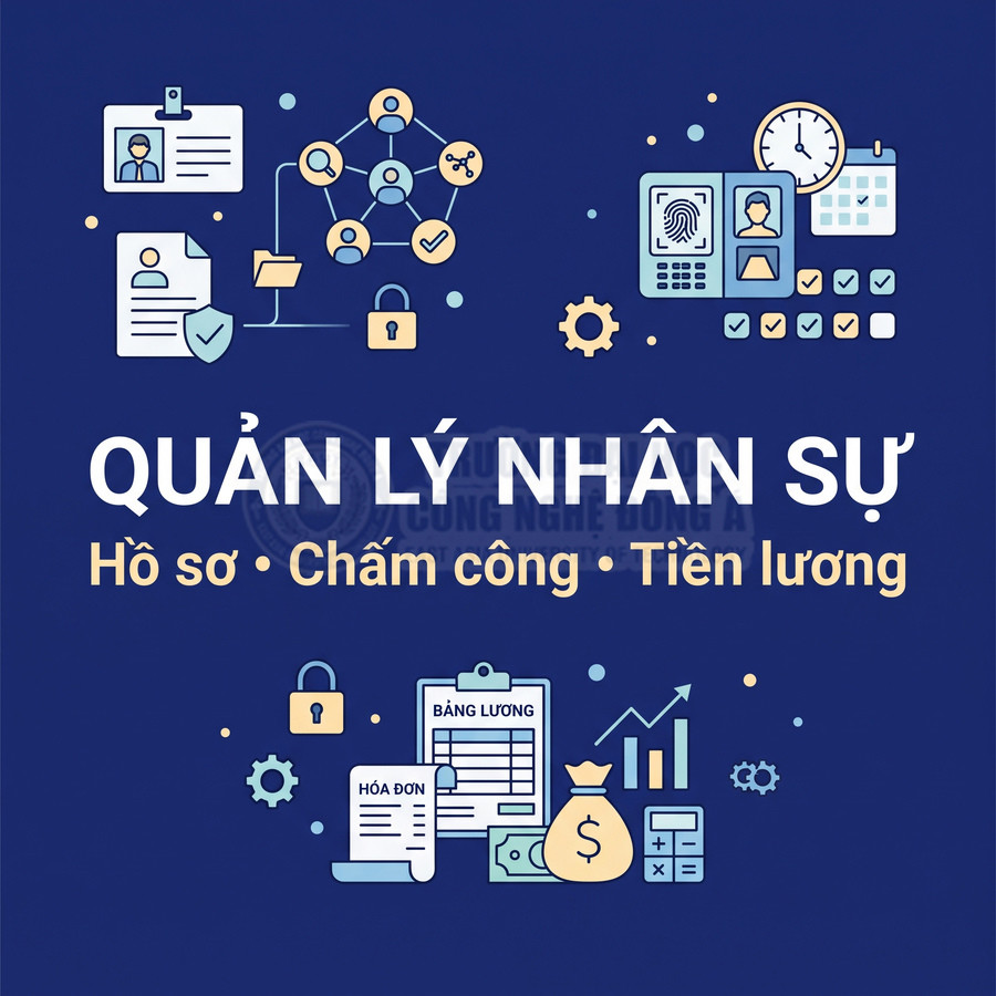 Quản lý nhân sự với hồ sơ nhân viên, chấm công, bảng lương và tính lương trên nền xanh đậm