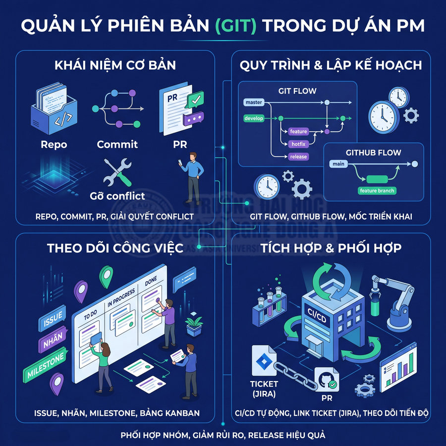 Infographic quản lý phiên bản Git trong dự án phần mềm với repo, commit, PR, git flow, kanban và CI CD