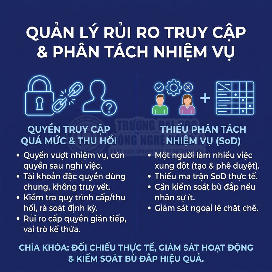 Nội dung về quản lý rủi ro truy cập, quyền truy cập quá mức và phân tách nhiệm vụ SoD trong doanh nghiệp