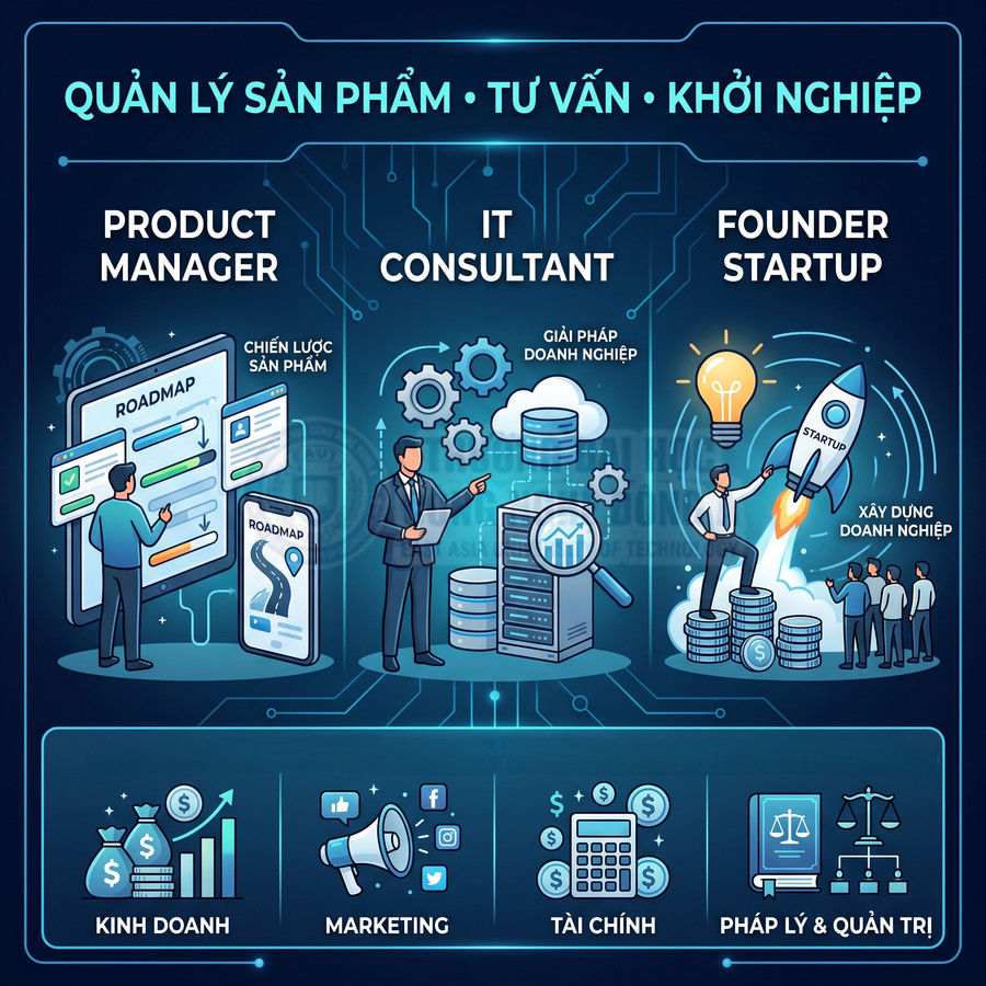 Minh họa quản lý sản phẩm, tư vấn IT và khởi nghiệp với các biểu tượng kinh doanh, marketing, tài chính, pháp lý