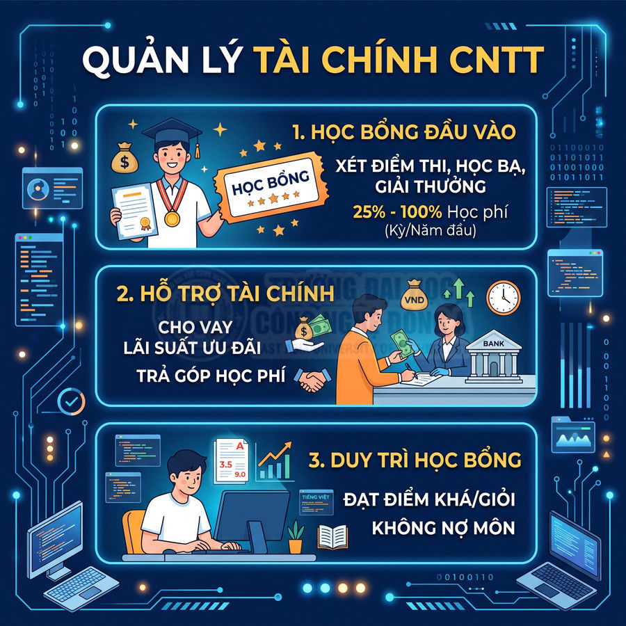 Poster quản lý tài chính CNTT với học bổng đầu vào, hỗ trợ tài chính và điều kiện duy trì học bổng cho sinh viên