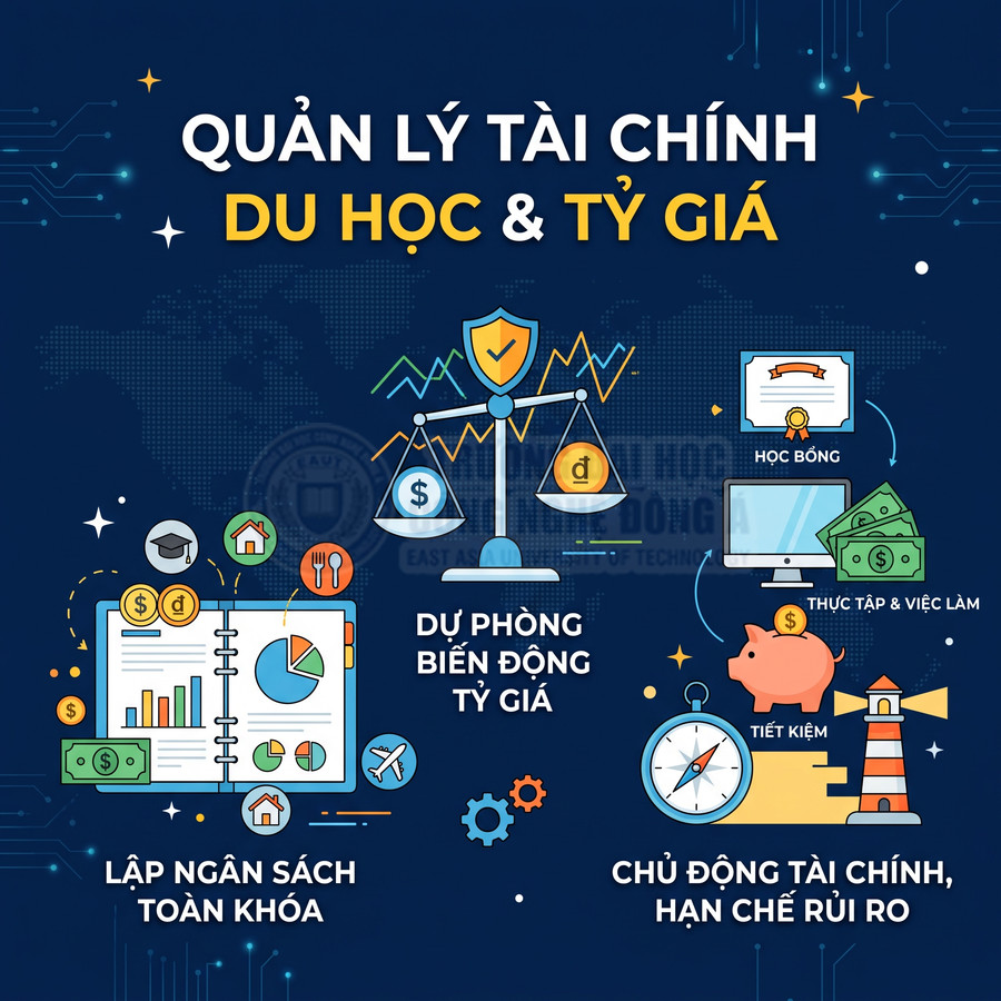 Quản lý tài chính du học và tỷ giá với lập ngân sách, dự phòng biến động, học bổng, tiết kiệm và việc làm