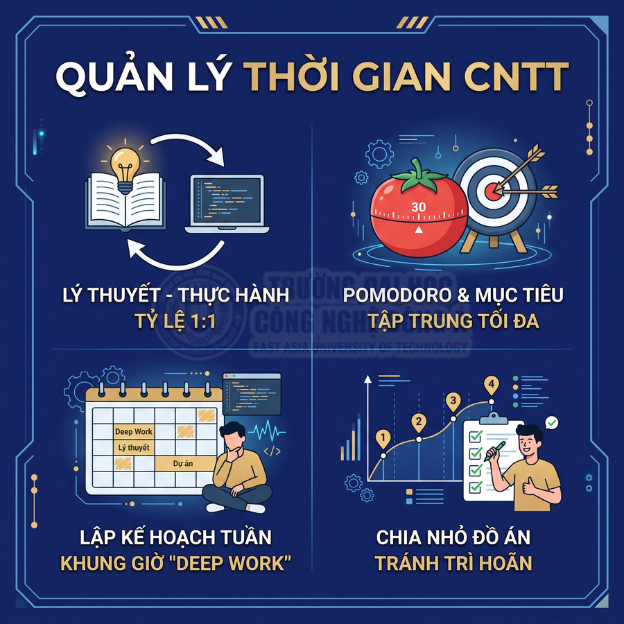 Infographic quản lý thời gian CNTT với lý thuyết thực hành, Pomodoro, lập kế hoạch tuần và chia nhỏ dự án