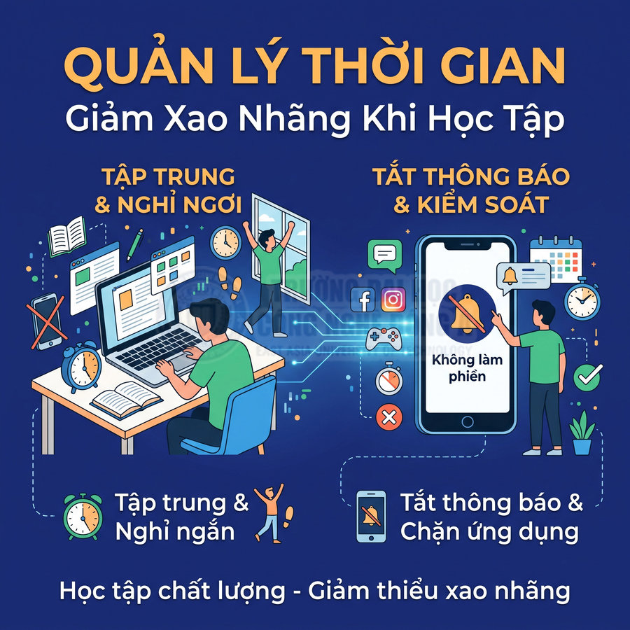 Minh họa quản lý thời gian học tập bằng cách tập trung, nghỉ ngắn và tắt thông báo điện thoại để giảm xao nhãng