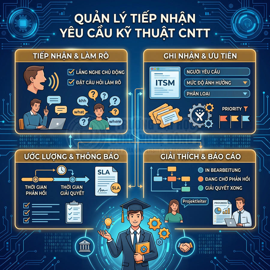 Quy trình quản lý tiếp nhận yêu cầu kỹ thuật CNTT với các bước ghi nhận, ưu tiên, ước lượng và báo cáo