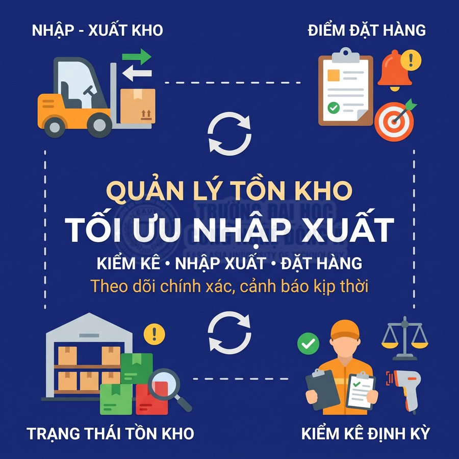 Hình minh họa quản lý tồn kho, tối ưu nhập xuất, kiểm kê định kỳ và đặt hàng chính xác kịp thời