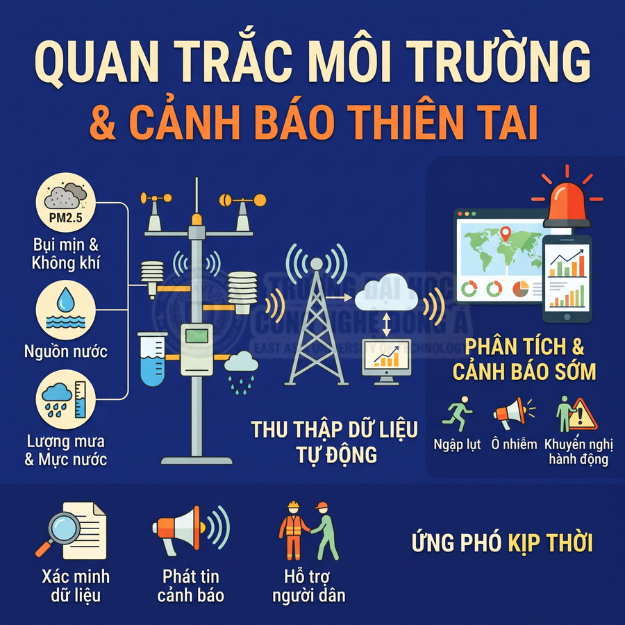 Hệ thống quan trắc môi trường tự động thu thập dữ liệu bụi mịn, nguồn nước, lượng mưa và cảnh báo thiên tai sớm, hỗ trợ người dân ứng phó kịp thời
