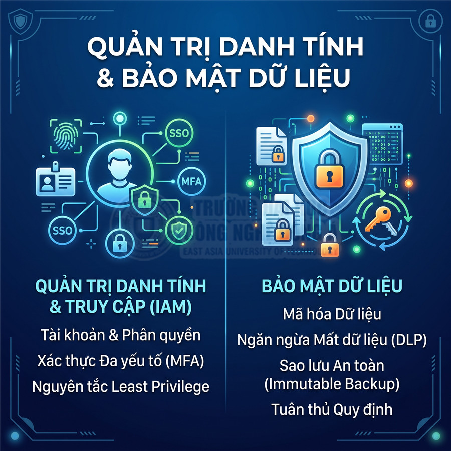 Infographic quản trị danh tính và bảo mật dữ liệu với biểu tượng IAM, mã hóa, sao lưu an toàn và tuân thủ quy định