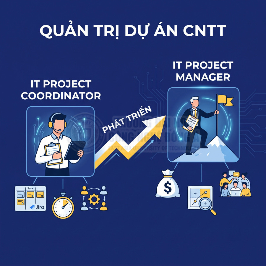Lộ trình nghề quản trị dự án CNTT từ IT Project Coordinator đến IT Project Manager, minh họa kỹ năng và nhiệm vụ chính