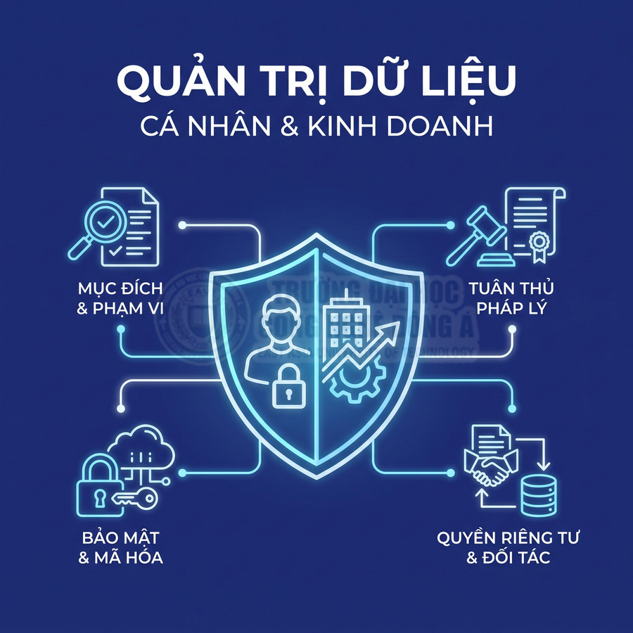 Quản trị dữ liệu cá nhân và kinh doanh với bảo mật, mã hóa, tuân thủ pháp lý và bảo vệ quyền riêng tư đối tác