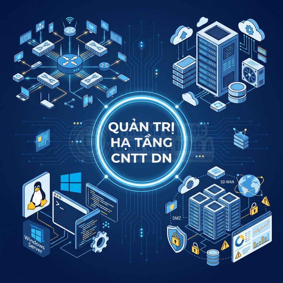 Mô hình quản trị hạ tầng CNTT doanh nghiệp với server, mạng, bảo mật và hệ điều hành Linux Windows