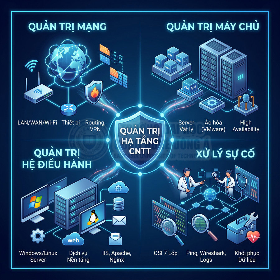 Infographic quản trị hạ tầng CNTT với các mảng quản trị mạng, máy chủ, hệ điều hành và xử lý sự cố
