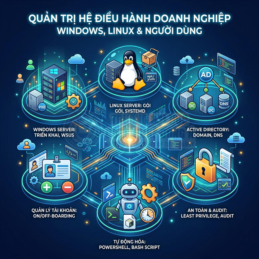 Mô hình quản trị hệ điều hành doanh nghiệp với Windows Server, Linux, Active Directory, bảo mật và tự động hóa