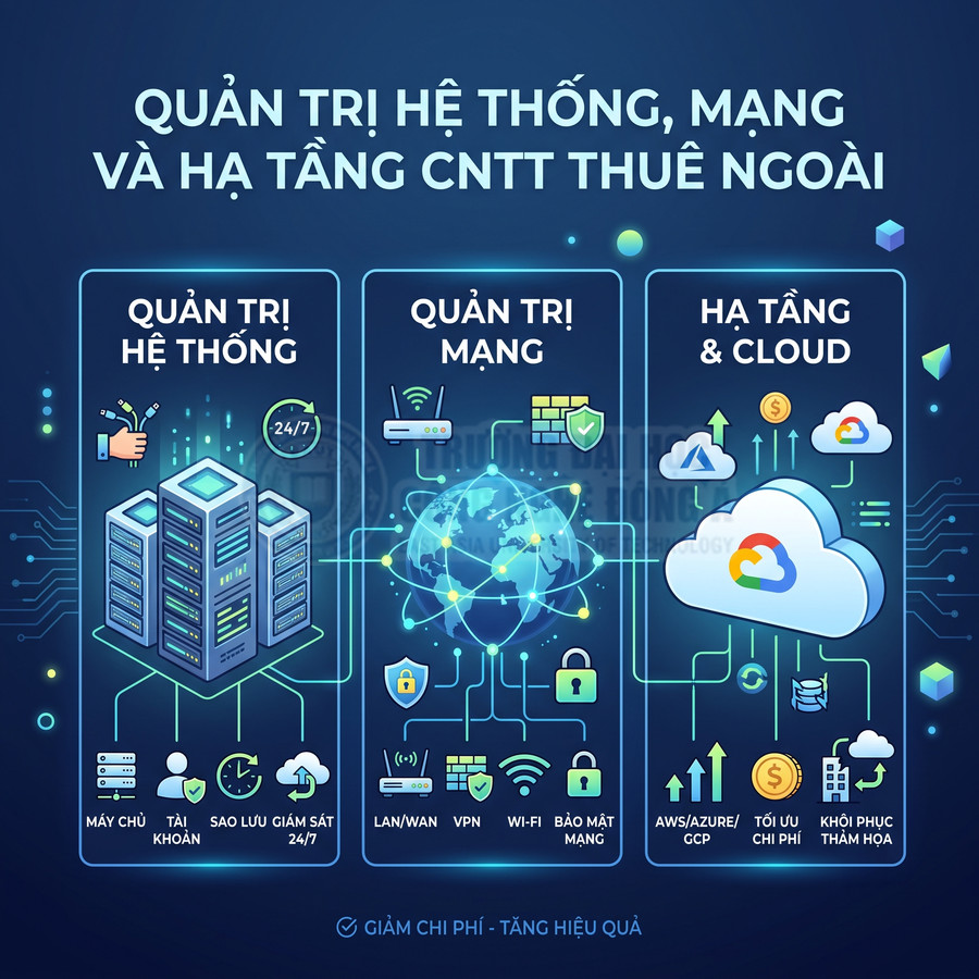 Dịch vụ quản trị hệ thống, quản trị mạng và hạ tầng cloud thuê ngoài giúp tối ưu chi phí và tăng hiệu quả