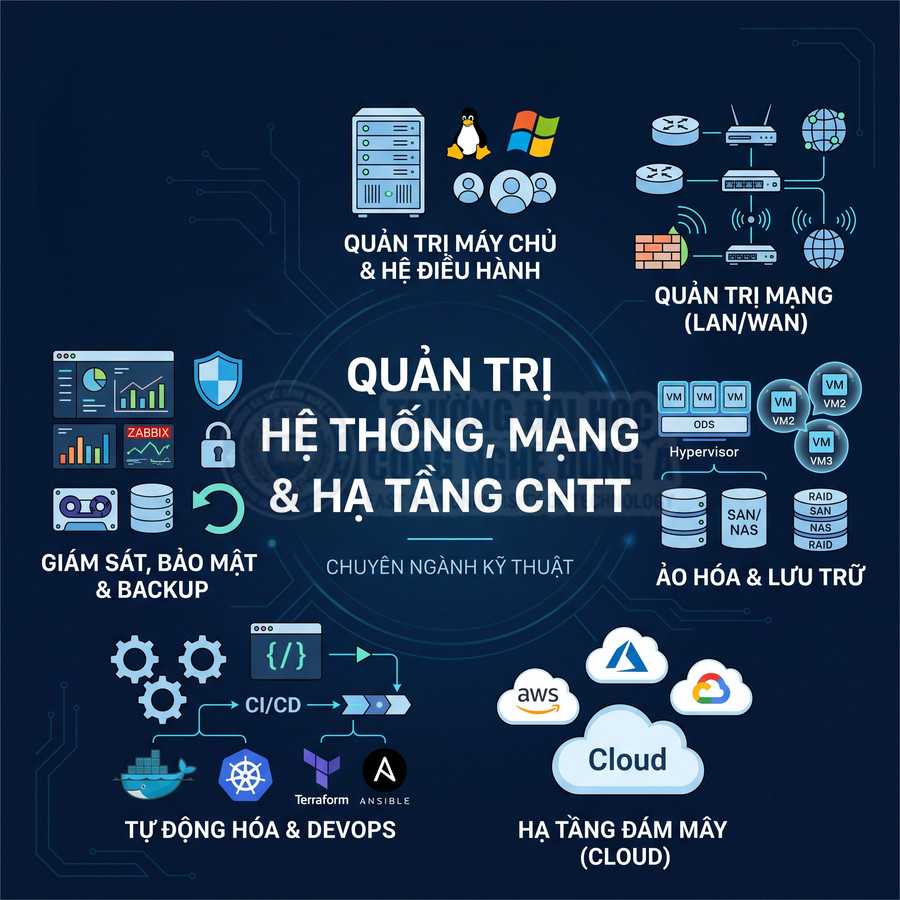 Mô tả các mảng quản trị hệ thống mạng và hạ tầng CNTT gồm server, bảo mật, DevOps, ảo hóa và điện toán đám mây