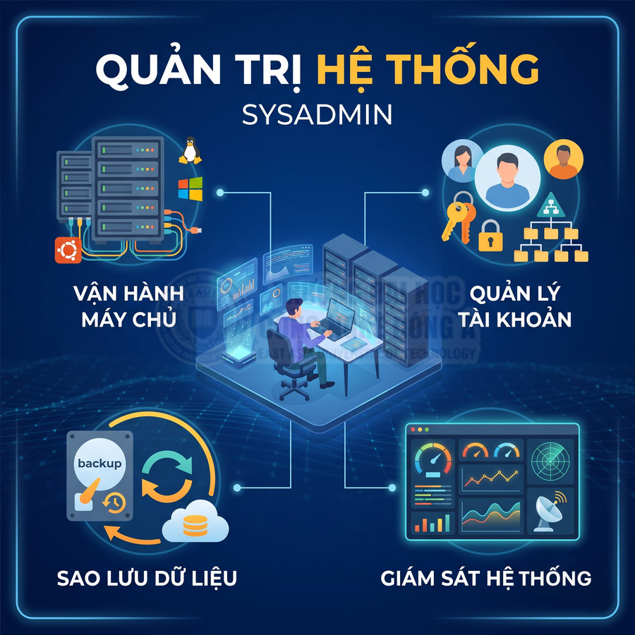 Minh họa quản trị hệ thống sysadmin với vận hành máy chủ, quản lý tài khoản, sao lưu dữ liệu và giám sát hệ thống