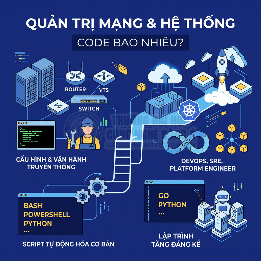 Mô tả lộ trình quản trị mạng và hệ thống, từ cấu hình thiết bị đến DevOps và lập trình Python, Go