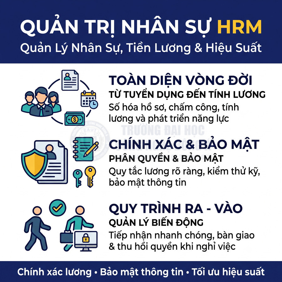 Phần mềm quản trị nhân sự HRM quản lý tuyển dụng, chấm công, tính lương, bảo mật và quy trình nhân viên ra vào công ty.