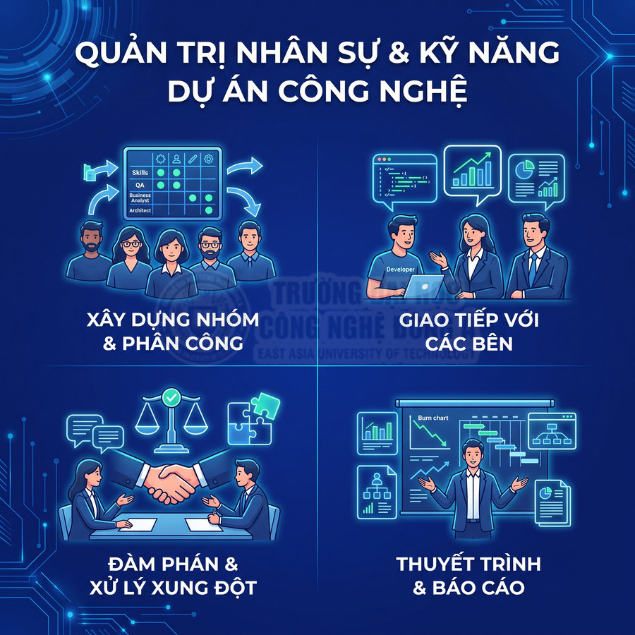 Poster kỹ năng quản trị nhân sự và dự án công nghệ với các bước xây dựng nhóm, giao tiếp, đàm phán và thuyết trình