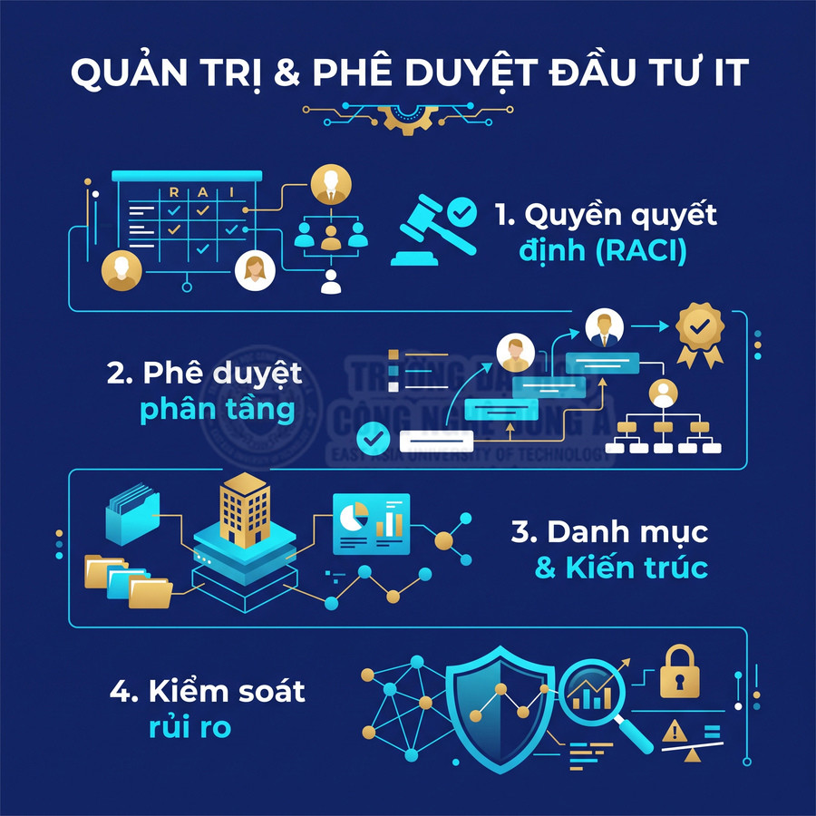 Các bước quản trị và phê duyệt đầu tư IT gồm quyền quyết định RACI, phê duyệt phân tầng, danh mục kiến trúc và kiểm soát rủi ro