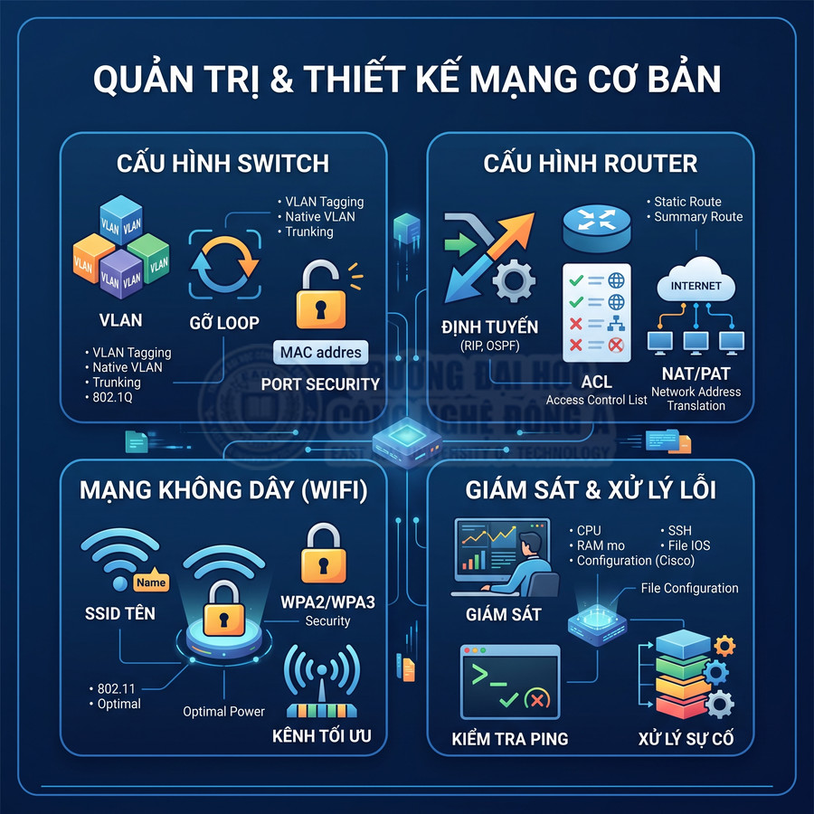 Infographic quản trị và thiết kế mạng cơ bản với cấu hình switch, router, wifi, giám sát và xử lý sự cố