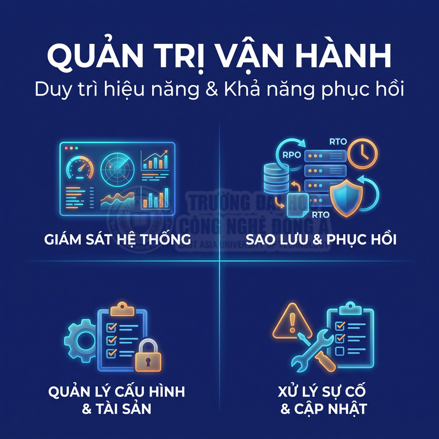 Quản trị vận hành hệ thống gồm giám sát, sao lưu phục hồi, quản lý cấu hình tài sản và xử lý sự cố
