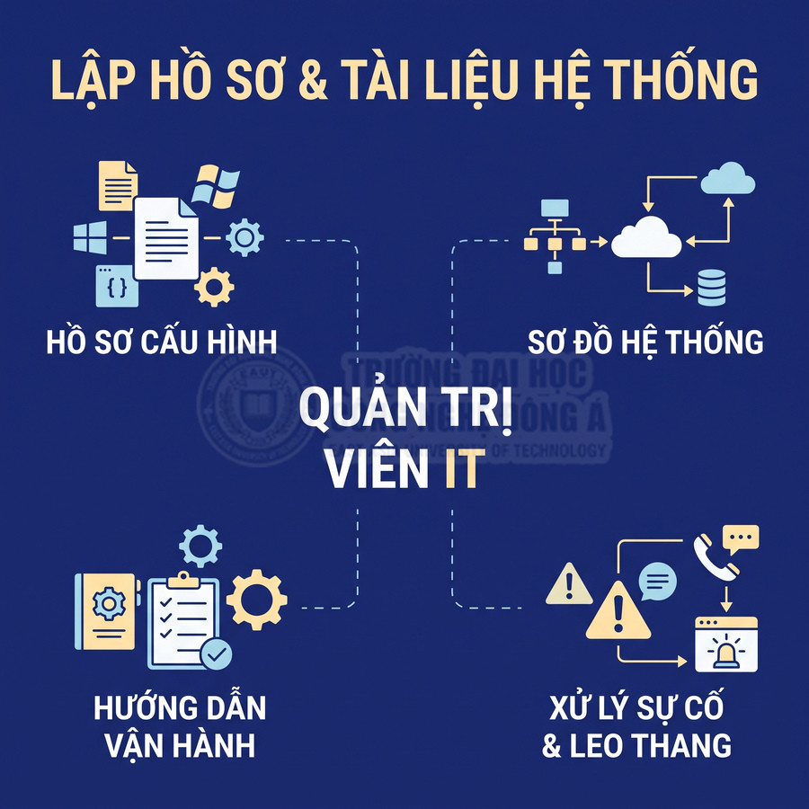 Quản trị viên IT phụ trách hồ sơ cấu hình, sơ đồ hệ thống, hướng dẫn vận hành và xử lý sự cố, leo thang hỗ trợ.