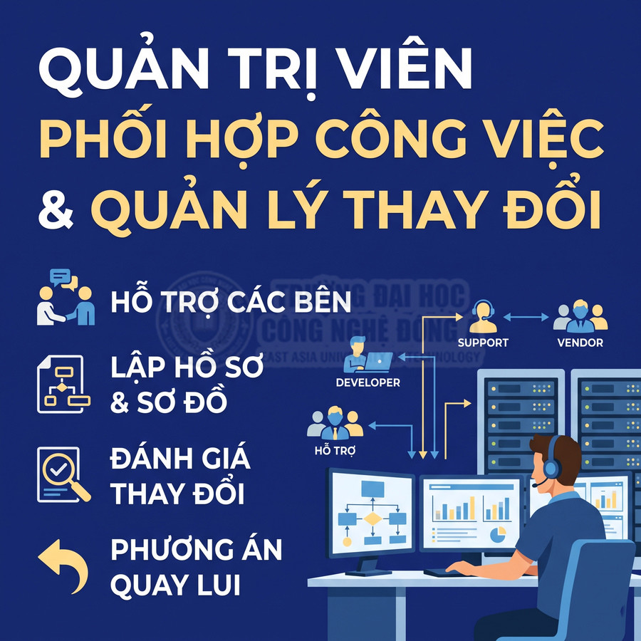 Quản trị viên phối hợp công việc và quản lý thay đổi hệ thống công nghệ thông tin bên máy chủ và màn hình giám sát