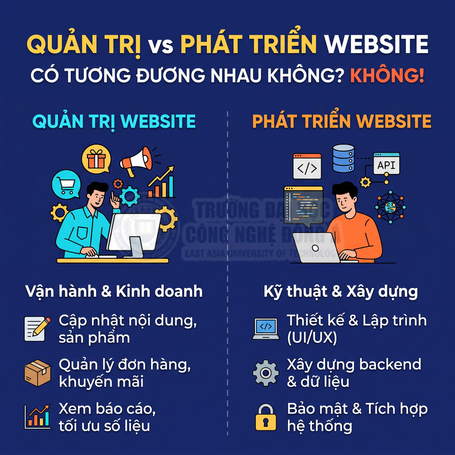So sánh quản trị website với phát triển website: vận hành kinh doanh và cập nhật nội dung khác với thiết kế, lập trình, bảo mật hệ thống.