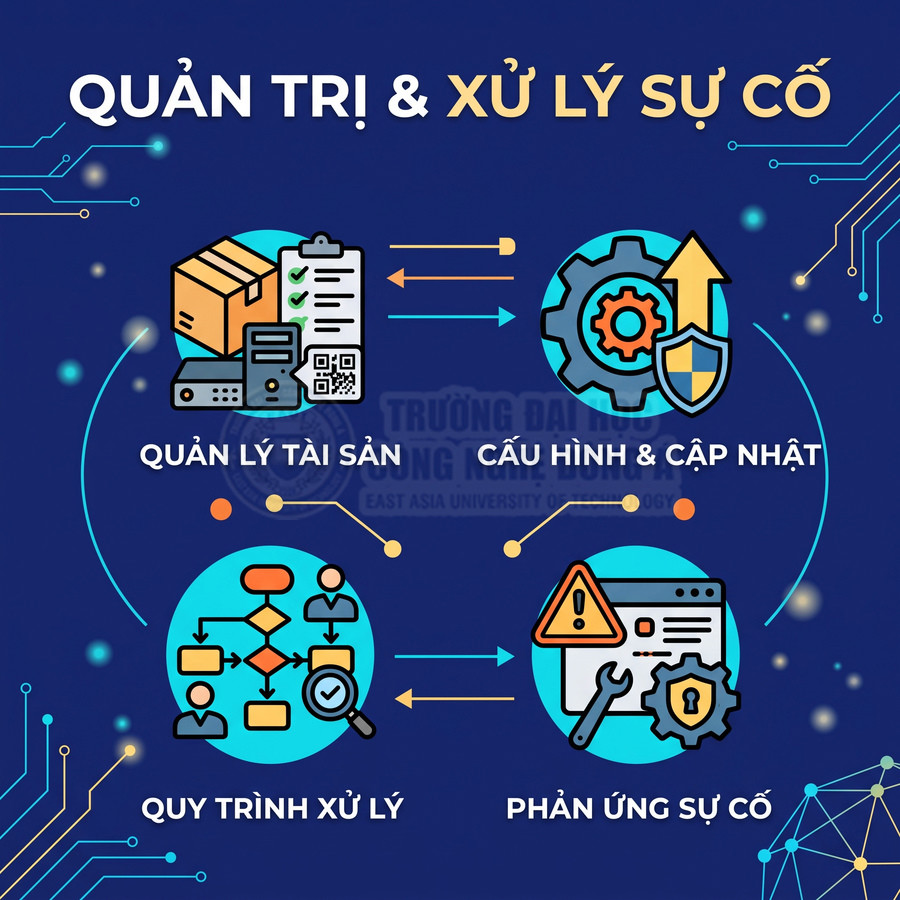 Quản trị và xử lý sự cố gồm quản lý tài sản, cấu hình cập nhật, quy trình xử lý và phản ứng sự cố