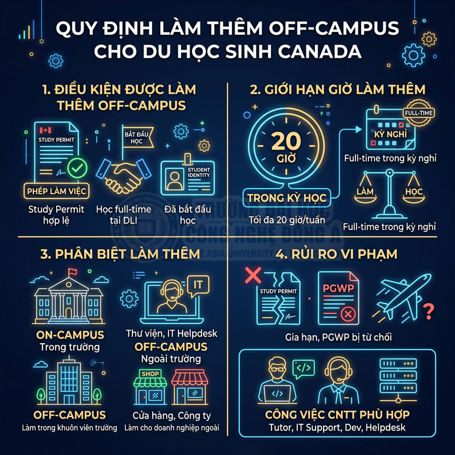 Quy định làm thêm off campus cho du học sinh Canada với điều kiện, giới hạn giờ, phân biệt on campus và rủi ro vi phạm