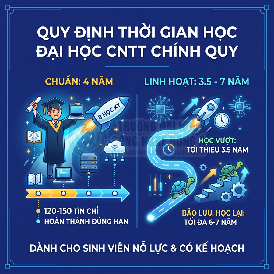 Infographic quy định thời gian học đại học CNTT chính quy, lộ trình chuẩn 4 năm và linh hoạt 3.5 đến 7 năm