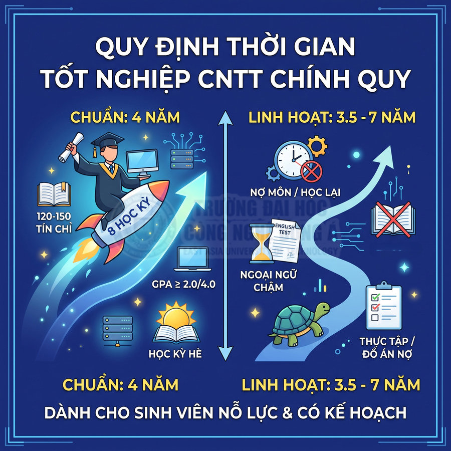 Quy định thời gian tốt nghiệp ngành CNTT chính quy với lộ trình chuẩn 4 năm và linh hoạt 3.5 đến 7 năm