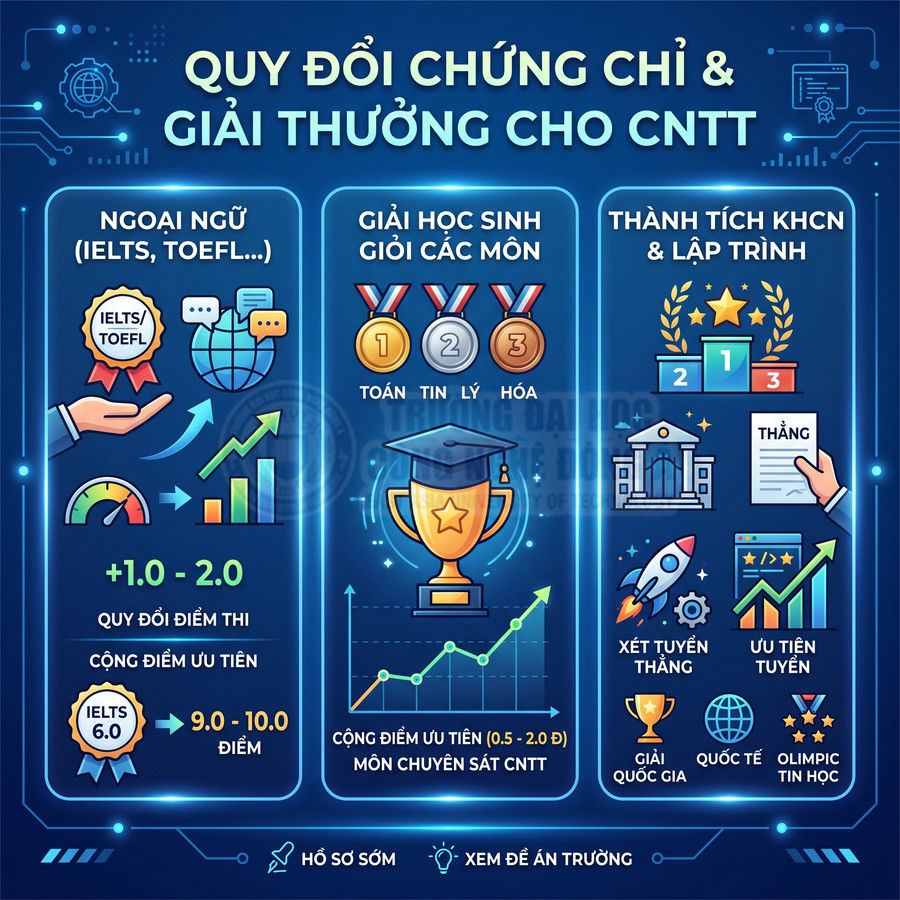 Quy đổi chứng chỉ ngoại ngữ, giải học sinh giỏi và thành tích khoa học công nghệ để cộng điểm ưu tiên ngành CNTT