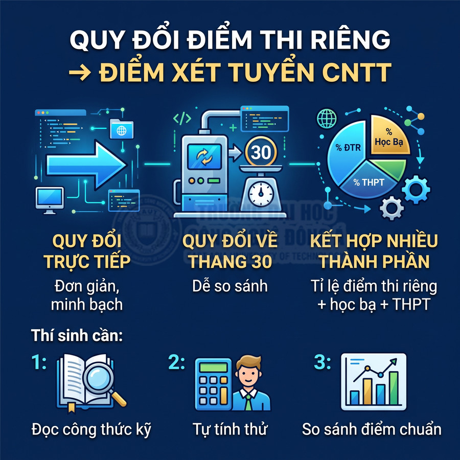 Quy đổi điểm thi riêng sang điểm xét tuyển CNTT với hướng dẫn đọc công thức, tự tính và so sánh điểm chuẩn