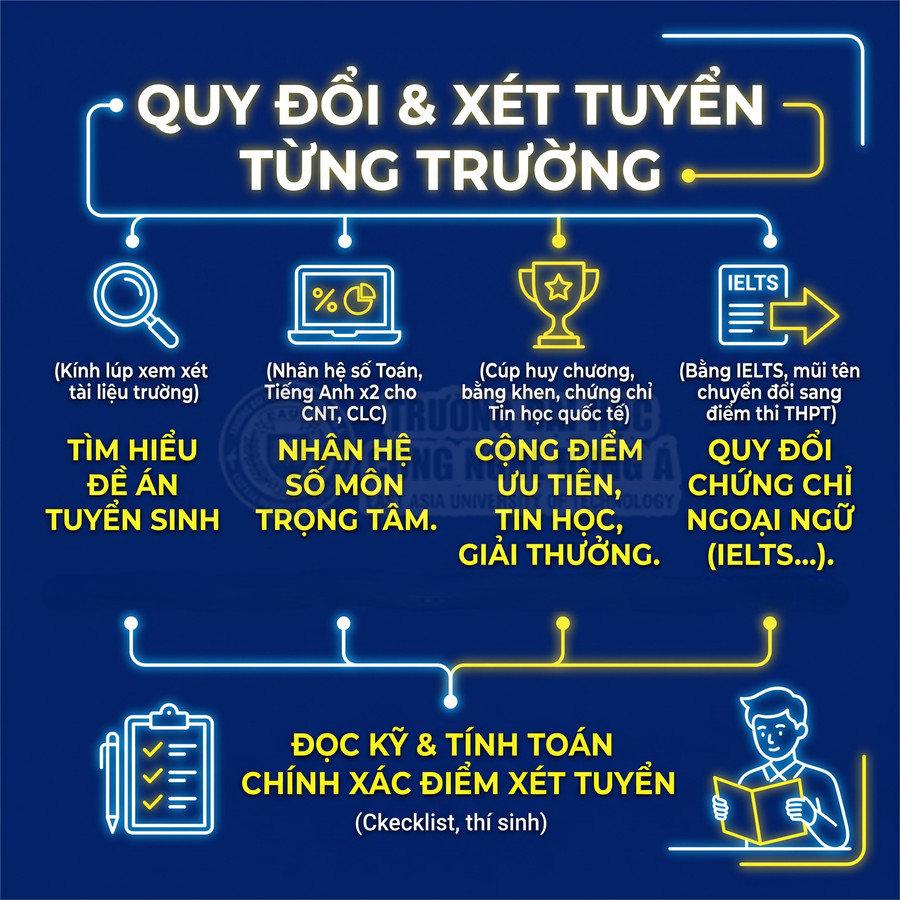 Hướng dẫn quy đổi và xét tuyển từng trường, cộng điểm ưu tiên, nhân hệ số môn và quy đổi chứng chỉ ngoại ngữ