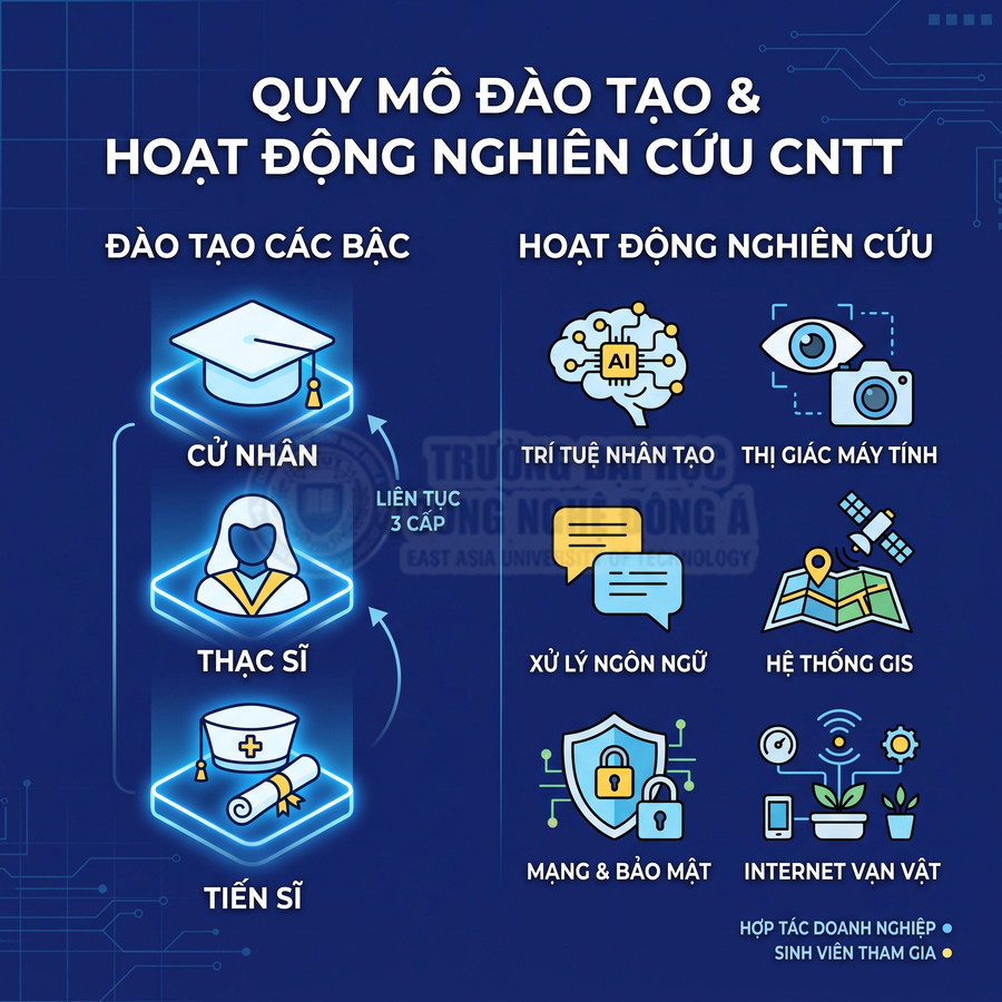 Quy mô đào tạo và nghiên cứu CNTT với các bậc cử nhân thạc sĩ tiến sĩ và lĩnh vực AI mạng bảo mật IoT