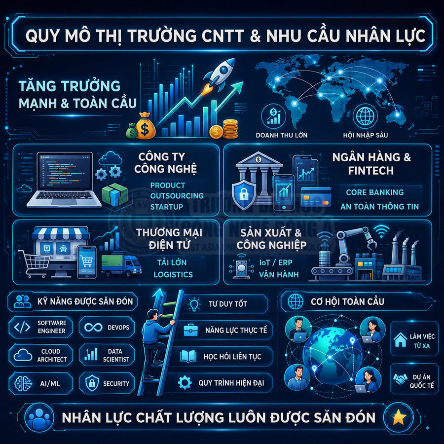 Infographic quy mô thị trường CNTT, nhu cầu nhân lực và kỹ năng cần thiết trong các ngành công nghệ, fintech, thương mại điện tử