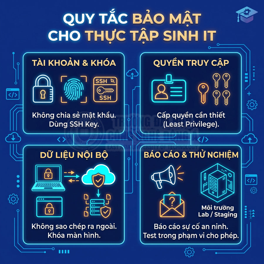 Quy tắc bảo mật cho thực tập sinh IT về tài khoản, quyền truy cập, dữ liệu nội bộ và báo cáo thử nghiệm