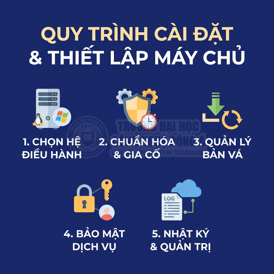 Quy trình cài đặt và thiết lập máy chủ gồm chọn hệ điều hành, gia cố bảo mật, quản lý bản vá và nhật ký dịch vụ