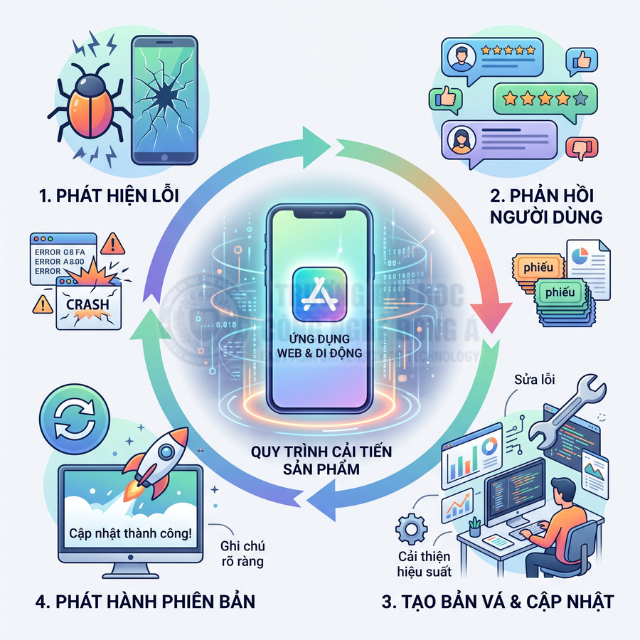 Quy trình cải tiến ứng dụng web và di động với các bước phát hiện lỗi, nhận phản hồi, cập nhật và phát hành phiên bản mới